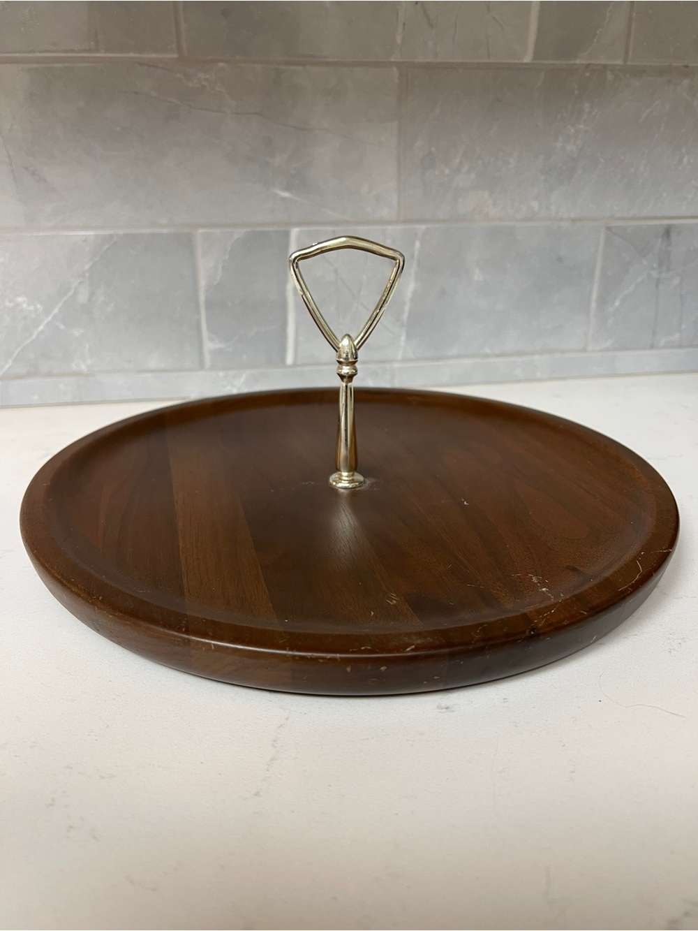 MCM VTG round serving tray with center handle - walnut